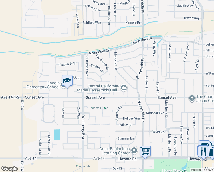 map of restaurants, bars, coffee shops, grocery stores, and more near 63 Rosewood Cir in Madera