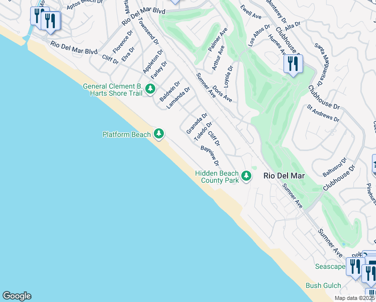 map of restaurants, bars, coffee shops, grocery stores, and more near 544 Beach Drive in Aptos