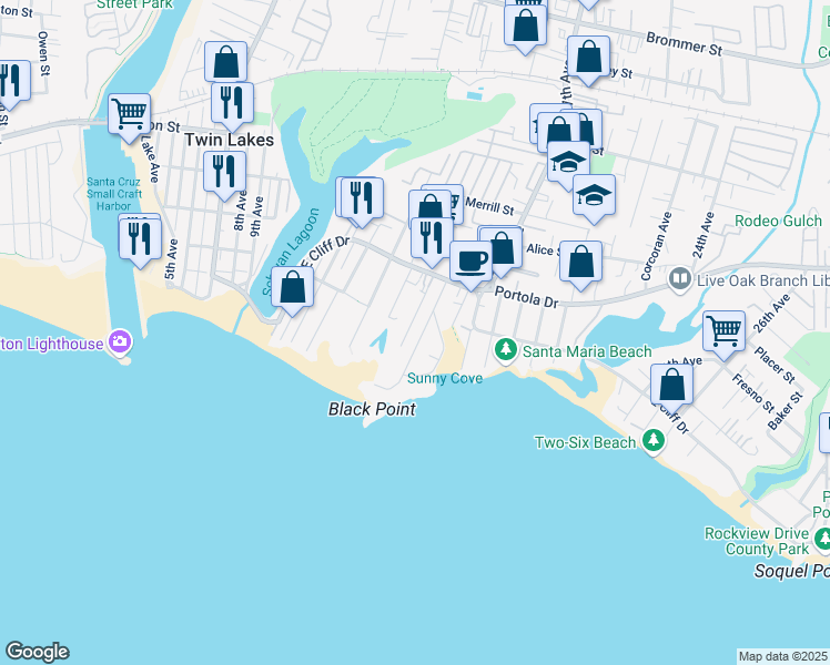 map of restaurants, bars, coffee shops, grocery stores, and more near 209 16th Avenue in Santa Cruz