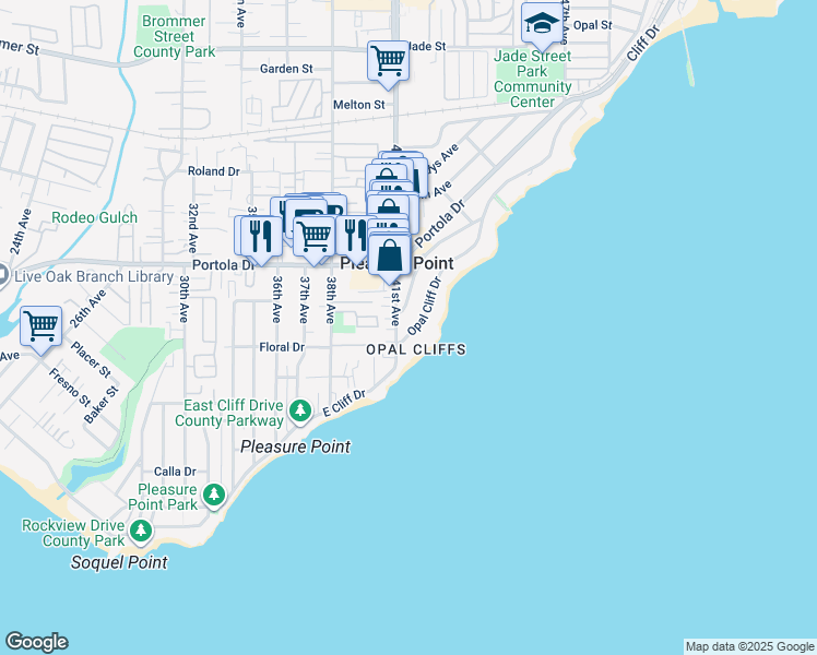 map of restaurants, bars, coffee shops, grocery stores, and more near 621 41st Avenue in Santa Cruz