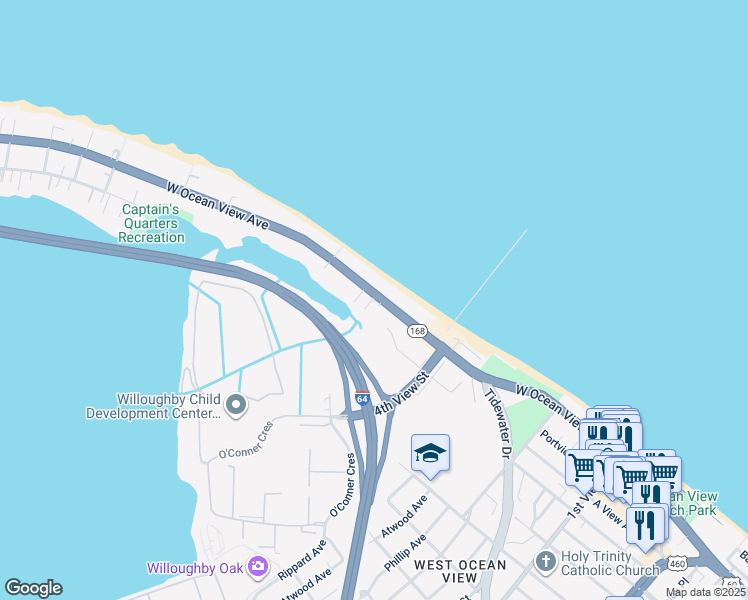 map of restaurants, bars, coffee shops, grocery stores, and more near 525 West Ocean View Avenue in Norfolk