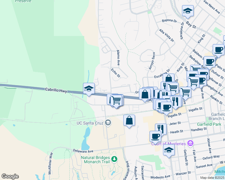 map of restaurants, bars, coffee shops, grocery stores, and more near 210 Western Drive in Santa Cruz