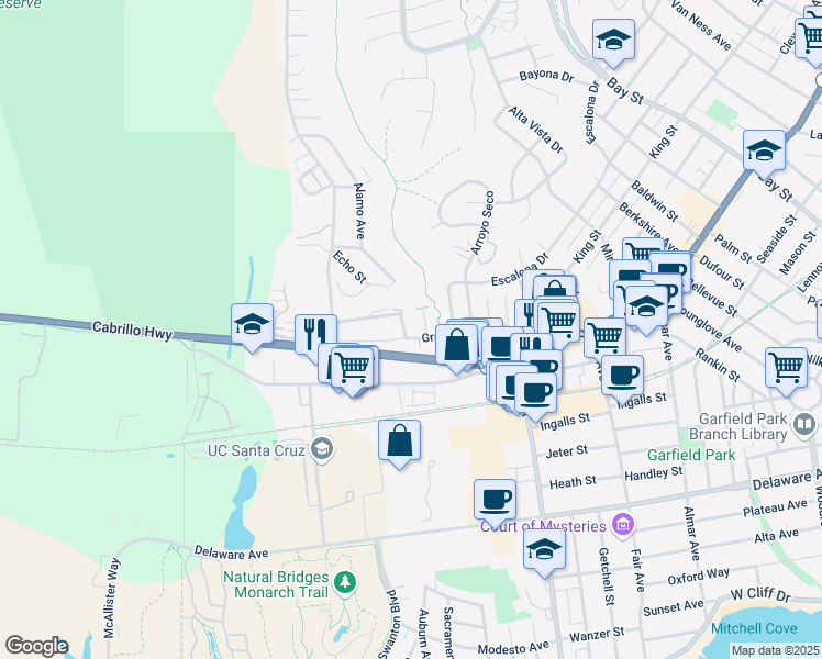 map of restaurants, bars, coffee shops, grocery stores, and more near 108 Beachview Avenue in Santa Cruz