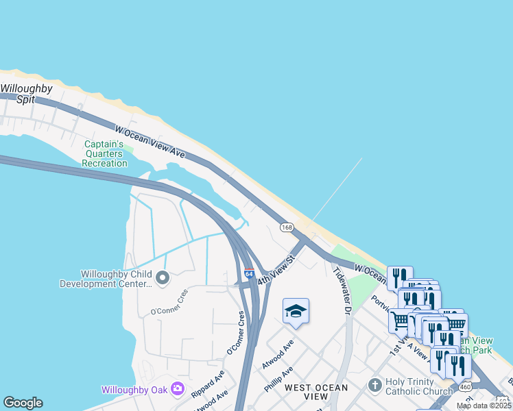 map of restaurants, bars, coffee shops, grocery stores, and more near 521 West Ocean View Avenue in Norfolk