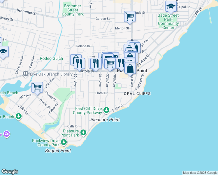 map of restaurants, bars, coffee shops, grocery stores, and more near 644 37th Avenue in Santa Cruz