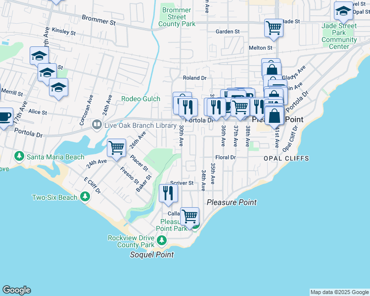 map of restaurants, bars, coffee shops, grocery stores, and more near 690 30th Avenue in Santa Cruz