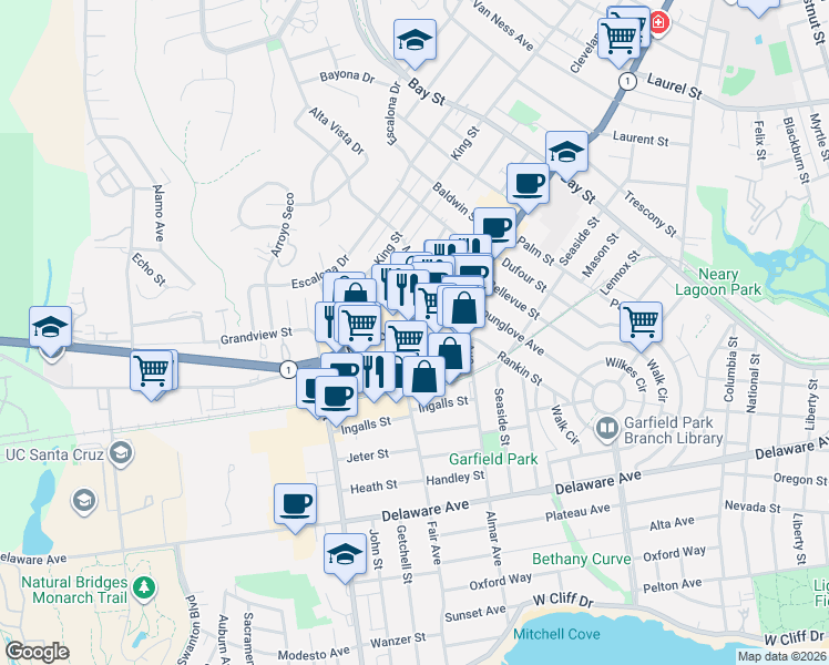 map of restaurants, bars, coffee shops, grocery stores, and more near 2215 Mission Street in Santa Cruz