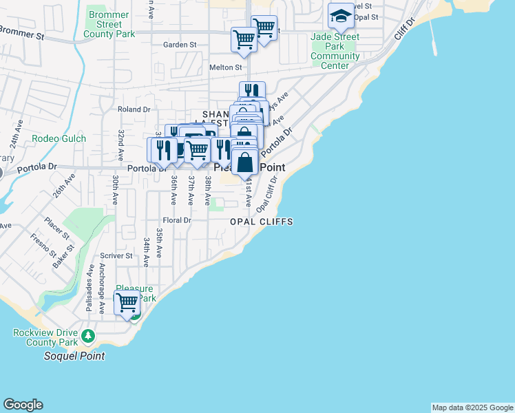 map of restaurants, bars, coffee shops, grocery stores, and more near 621 41st Avenue in Santa Cruz