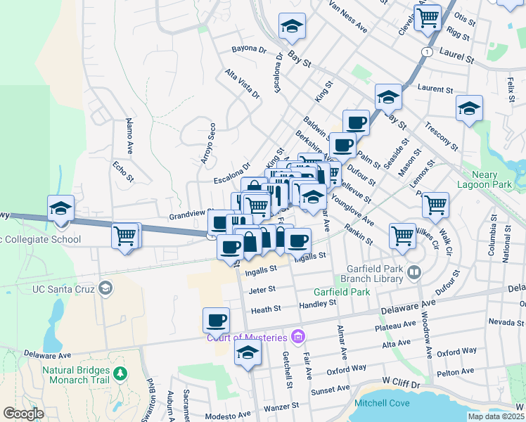 map of restaurants, bars, coffee shops, grocery stores, and more near 2322 Mission Street in Santa Cruz