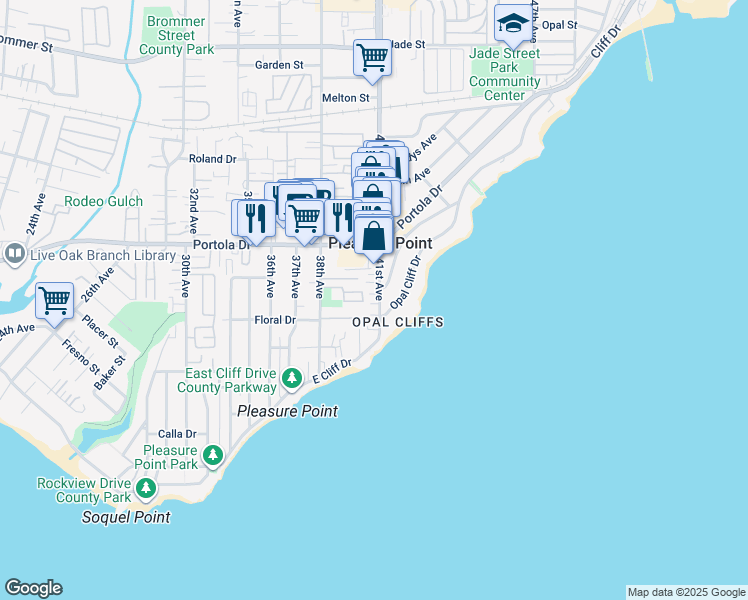 map of restaurants, bars, coffee shops, grocery stores, and more near 621 41st Avenue in Santa Cruz
