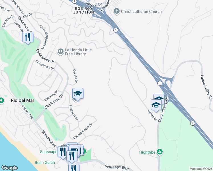 map of restaurants, bars, coffee shops, grocery stores, and more near 168 Zanzibar Drive in Aptos