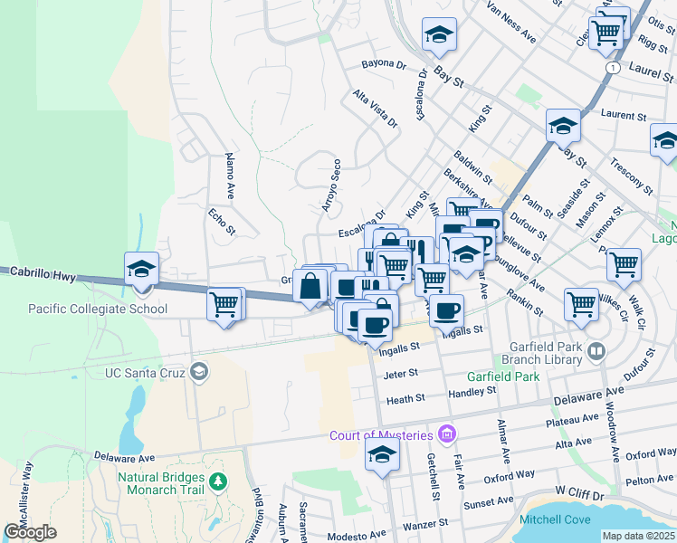 map of restaurants, bars, coffee shops, grocery stores, and more near 100 Serra Court in Santa Cruz