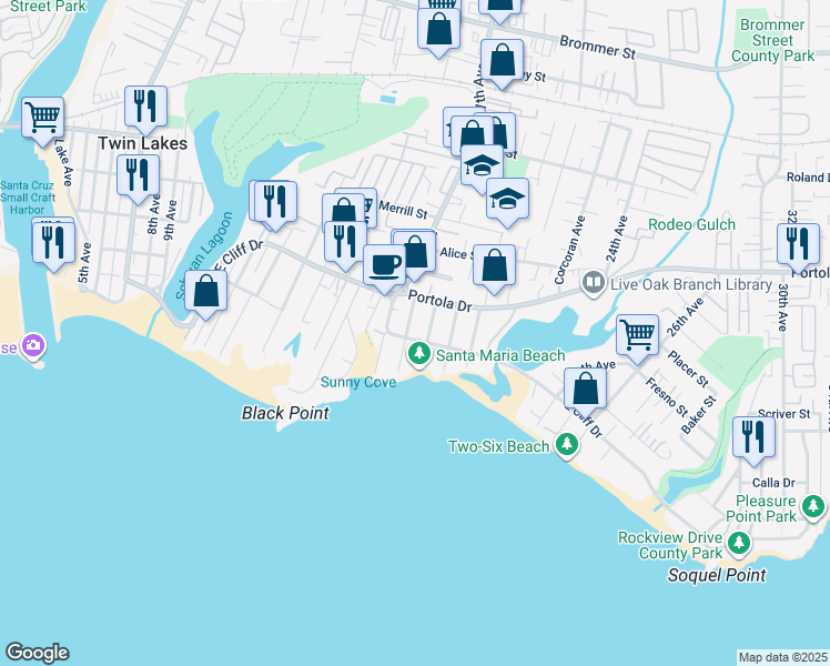 map of restaurants, bars, coffee shops, grocery stores, and more near 21811 East Cliff Drive in Santa Cruz