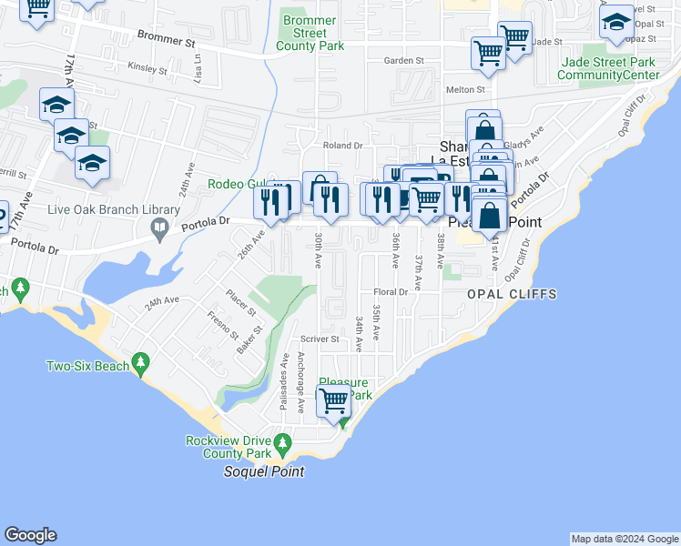 map of restaurants, bars, coffee shops, grocery stores, and more near 690 30th Avenue in Santa Cruz