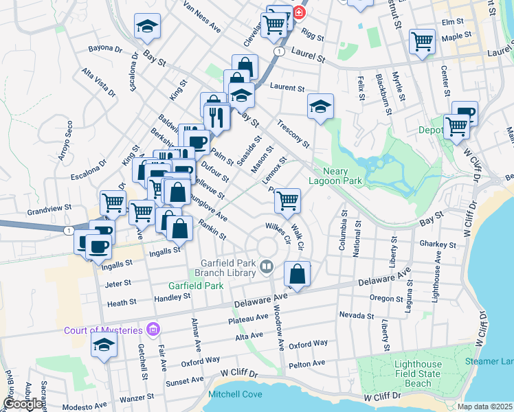 map of restaurants, bars, coffee shops, grocery stores, and more near 343 Dufour Street in Santa Cruz