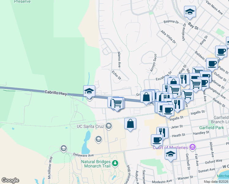 map of restaurants, bars, coffee shops, grocery stores, and more near 210 Western Drive in Santa Cruz