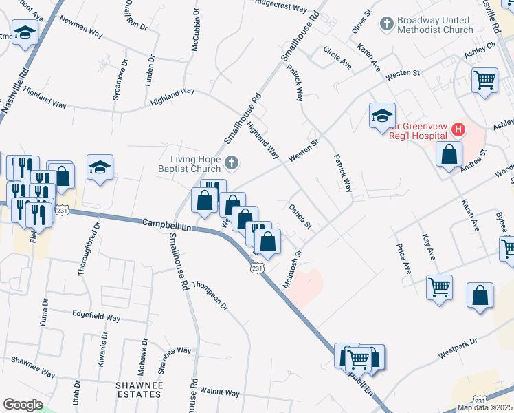 map of restaurants, bars, coffee shops, grocery stores, and more near 1800 Westen Street in Bowling Green
