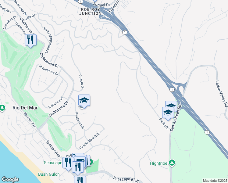 map of restaurants, bars, coffee shops, grocery stores, and more near 168 Zanzibar Drive in Aptos