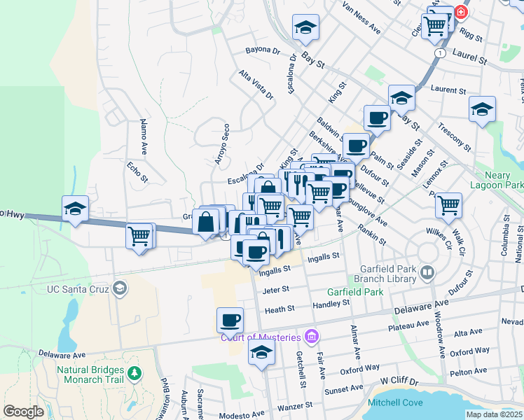 map of restaurants, bars, coffee shops, grocery stores, and more near 1815 King Street in Santa Cruz