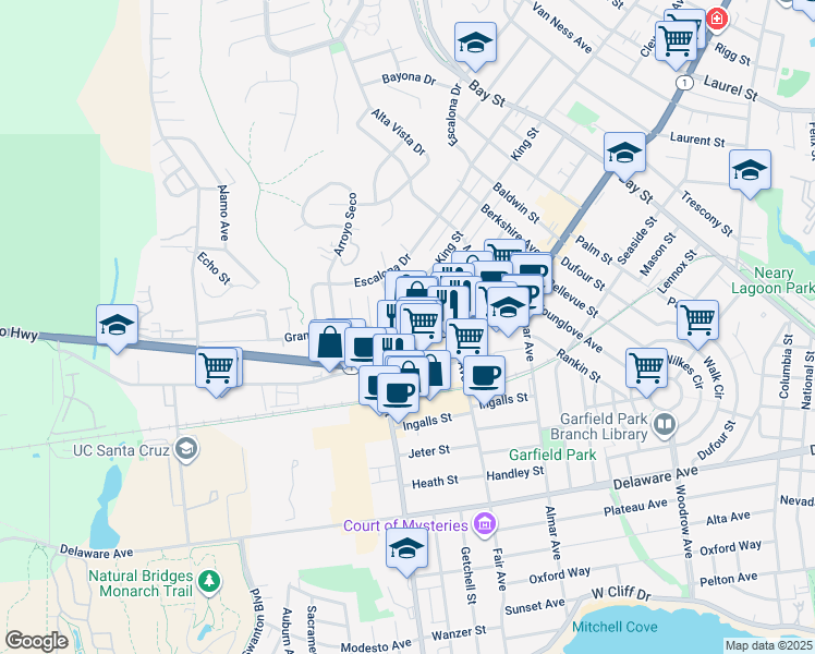 map of restaurants, bars, coffee shops, grocery stores, and more near 1815 King Street in Santa Cruz