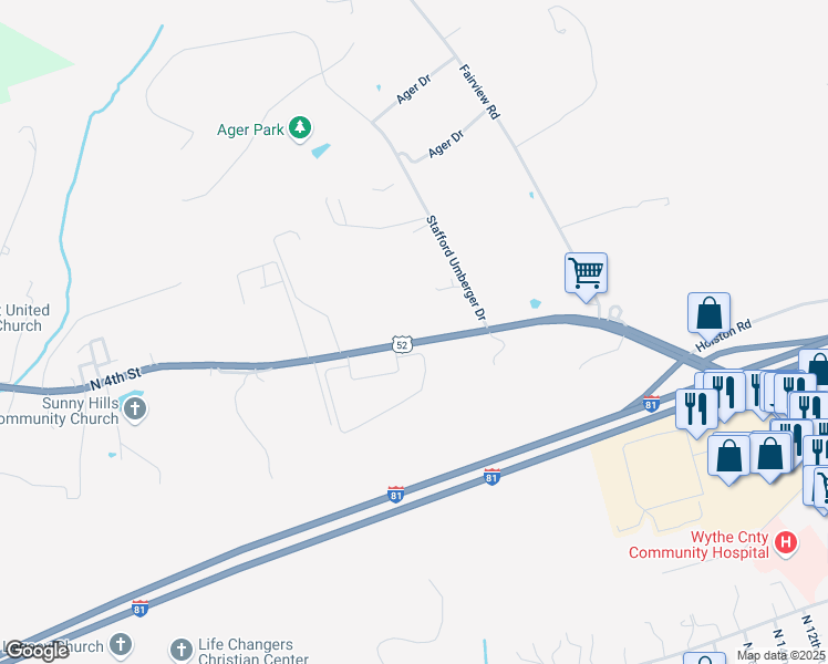 map of restaurants, bars, coffee shops, grocery stores, and more near 2260 North 4th Street in Wytheville
