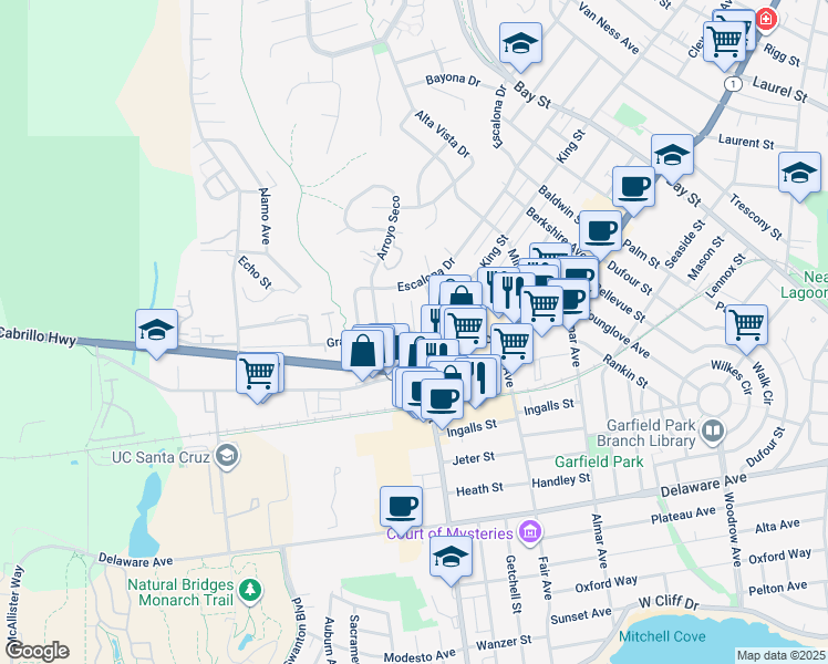 map of restaurants, bars, coffee shops, grocery stores, and more near 7 Grandview Street in Santa Cruz