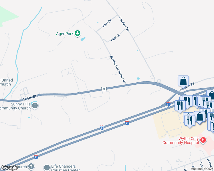map of restaurants, bars, coffee shops, grocery stores, and more near 2260 North 4th Street in Wytheville