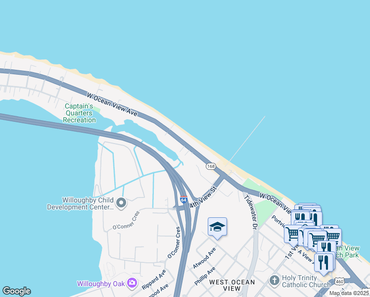 map of restaurants, bars, coffee shops, grocery stores, and more near 525 West Ocean View Avenue in Norfolk