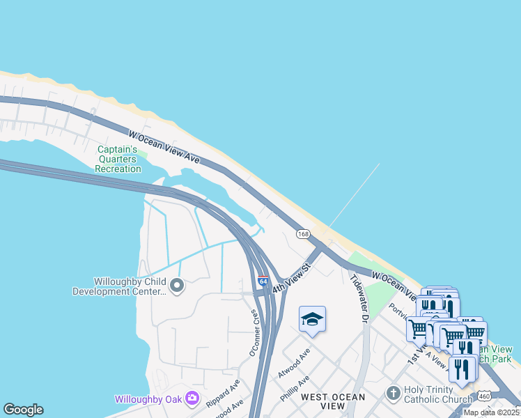 map of restaurants, bars, coffee shops, grocery stores, and more near 533 West Ocean View Avenue in Norfolk