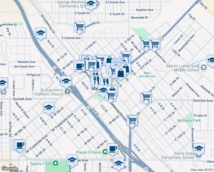 map of restaurants, bars, coffee shops, grocery stores, and more near 4 East Yosemite Avenue in Madera