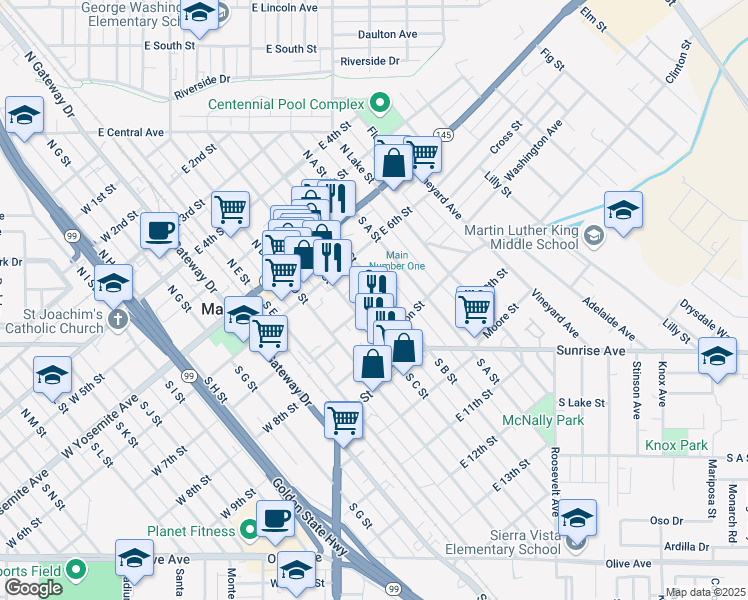 map of restaurants, bars, coffee shops, grocery stores, and more near 300 South B Street in Madera