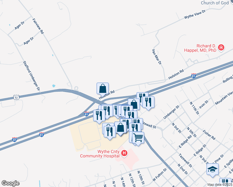 map of restaurants, bars, coffee shops, grocery stores, and more near Holston Road in Wytheville
