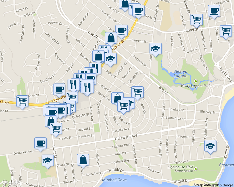 map of restaurants, bars, coffee shops, grocery stores, and more near 430 Bellevue St in Santa Cruz