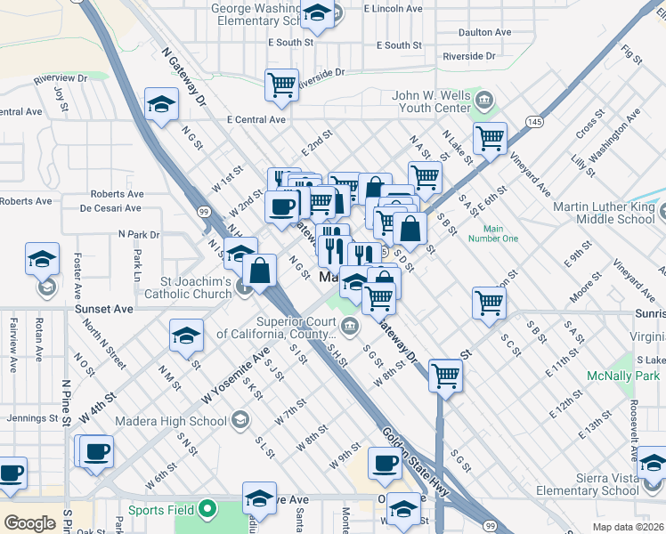 map of restaurants, bars, coffee shops, grocery stores, and more near 118 North Gateway Drive in Madera