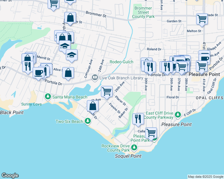 map of restaurants, bars, coffee shops, grocery stores, and more near 506 Hampstead Way in Santa Cruz