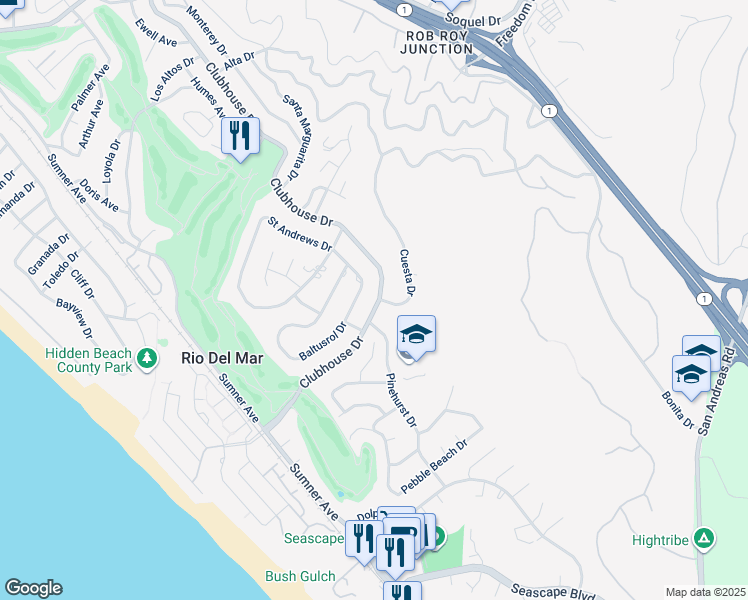 map of restaurants, bars, coffee shops, grocery stores, and more near 806 Clubhouse Drive in Aptos