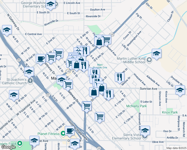 map of restaurants, bars, coffee shops, grocery stores, and more near 310 South B Street in Madera