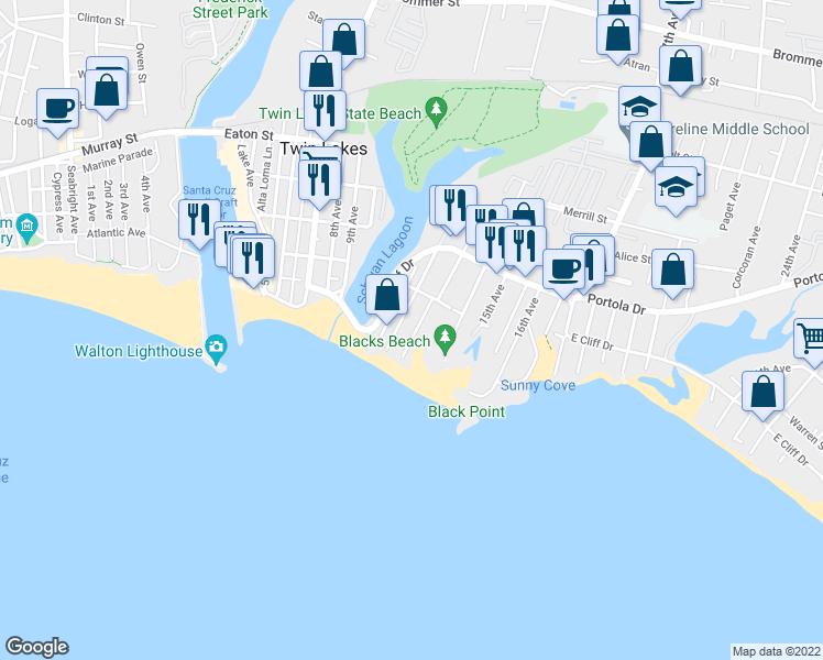 map of restaurants, bars, coffee shops, grocery stores, and more near 165 13th Avenue in Santa Cruz