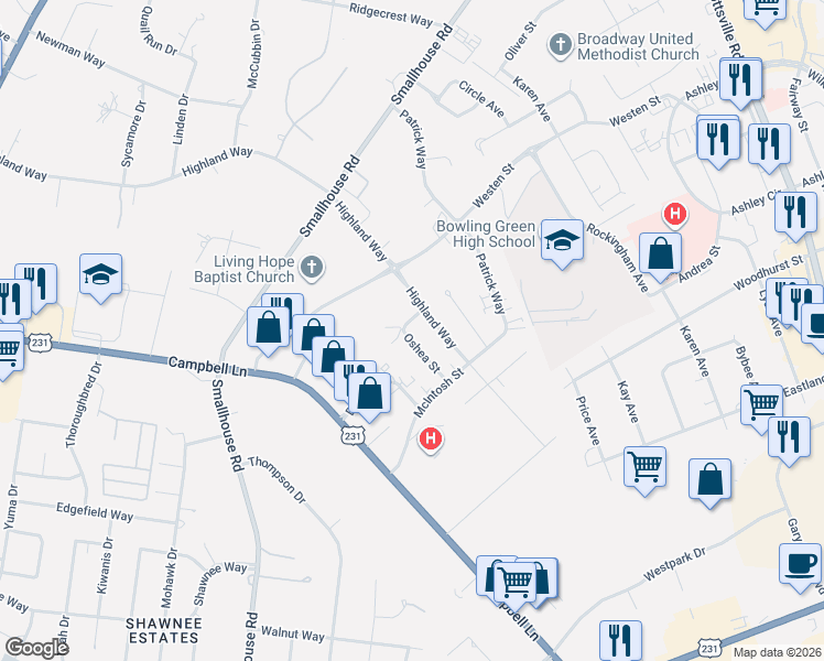 map of restaurants, bars, coffee shops, grocery stores, and more near 1722 Oshea Street in Bowling Green