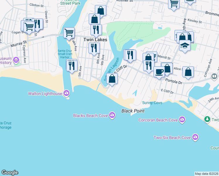 map of restaurants, bars, coffee shops, grocery stores, and more near 2 East Cliff Drive in Santa Cruz