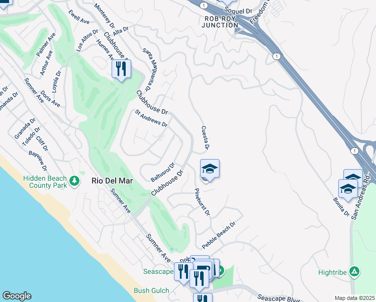 map of restaurants, bars, coffee shops, grocery stores, and more near 806 Clubhouse Drive in Aptos