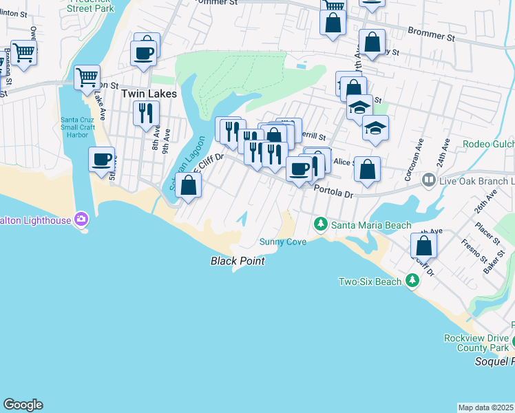 map of restaurants, bars, coffee shops, grocery stores, and more near 209 16th Avenue in Santa Cruz