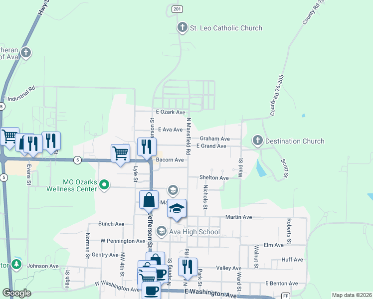 map of restaurants, bars, coffee shops, grocery stores, and more near Northeast 5th Street in Ava