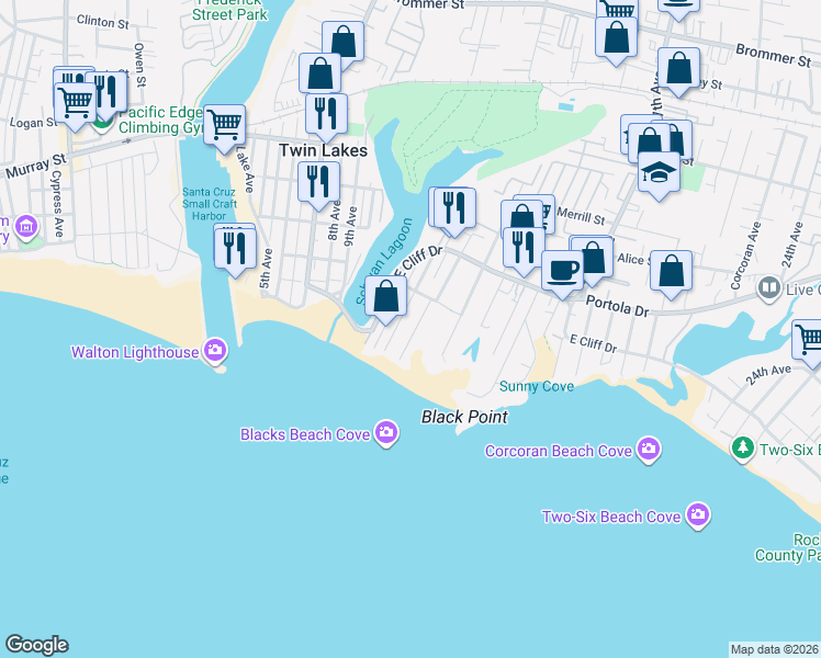 map of restaurants, bars, coffee shops, grocery stores, and more near 165 13th Avenue in Santa Cruz