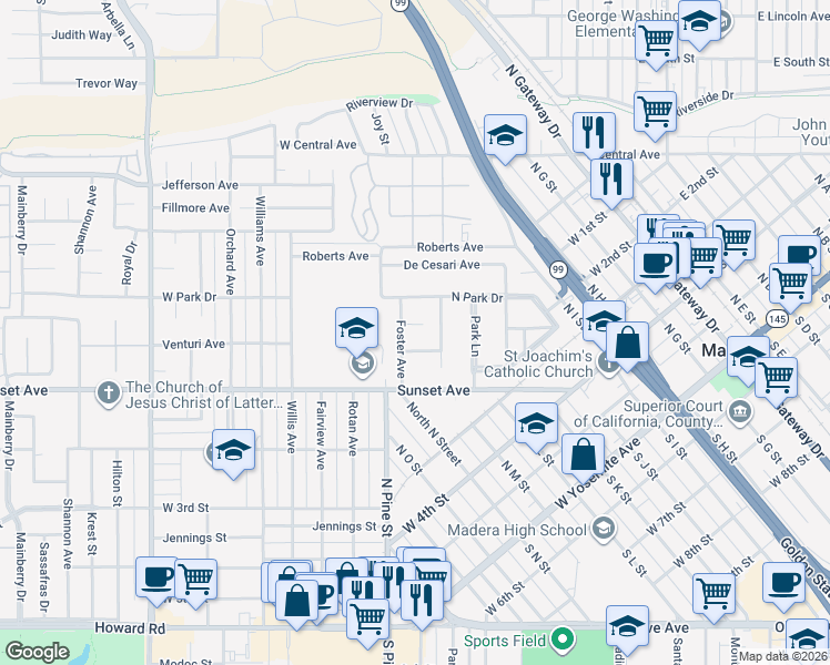 map of restaurants, bars, coffee shops, grocery stores, and more near 602 Bruce Street in Madera