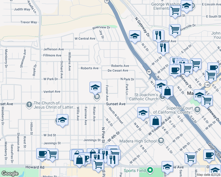 map of restaurants, bars, coffee shops, grocery stores, and more near 602 Bruce Street in Madera