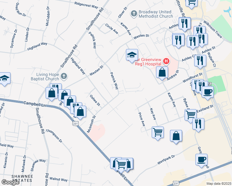 map of restaurants, bars, coffee shops, grocery stores, and more near 1614 McIntosh Street in Bowling Green