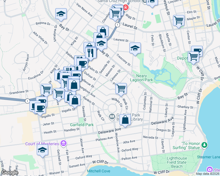 map of restaurants, bars, coffee shops, grocery stores, and more near 343 Dufour Street in Santa Cruz