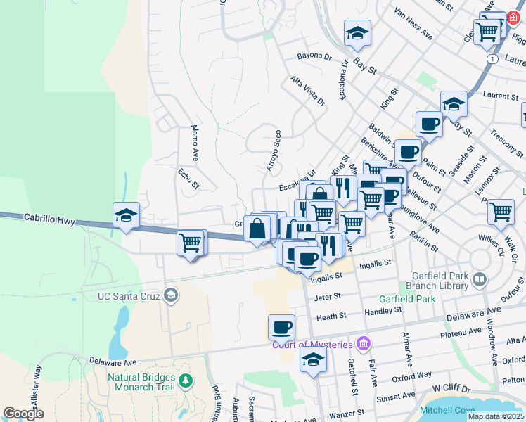 map of restaurants, bars, coffee shops, grocery stores, and more near 215 Arroyo Seco in Santa Cruz
