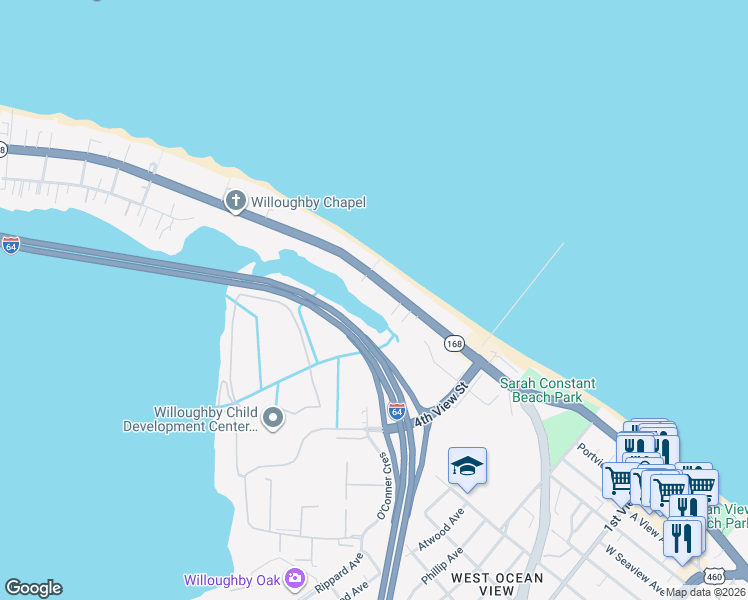 map of restaurants, bars, coffee shops, grocery stores, and more near 569 West Ocean View Avenue in Norfolk